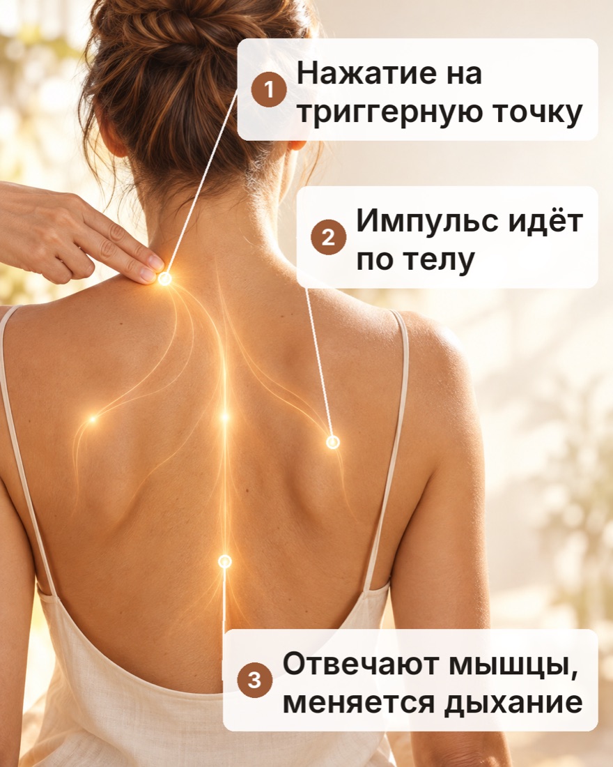 Пальцы специалиста нажимают на точку между шеей и плечом, импульс расходится по спине